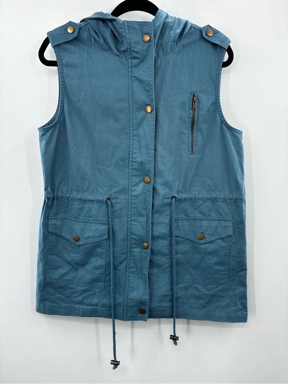 Zenana Outfitters Women's Sleeveless Hooded Utility Teal Vest size M